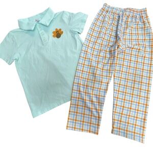 Funfetti Kids‎ Plaid Pajama Set 4T Blue Orange Turkey Applique Polo Shirt